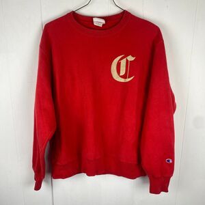 Vintage Champion Reverse Weave Embroidered Red Crewneck Sweatshirt Pullover